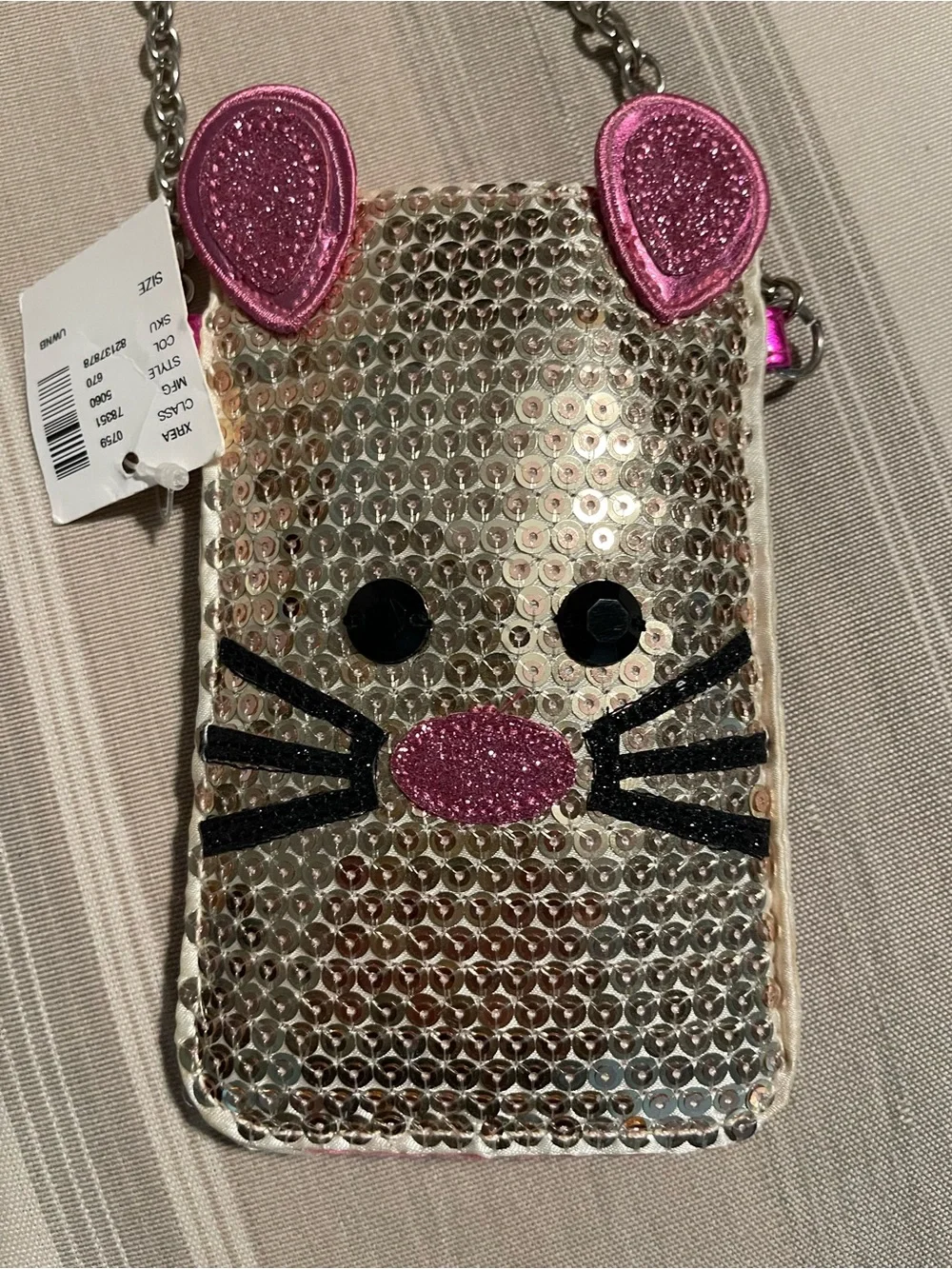 Justice Sequin Mouse Crossbody Bag - Silver with Pink Accents